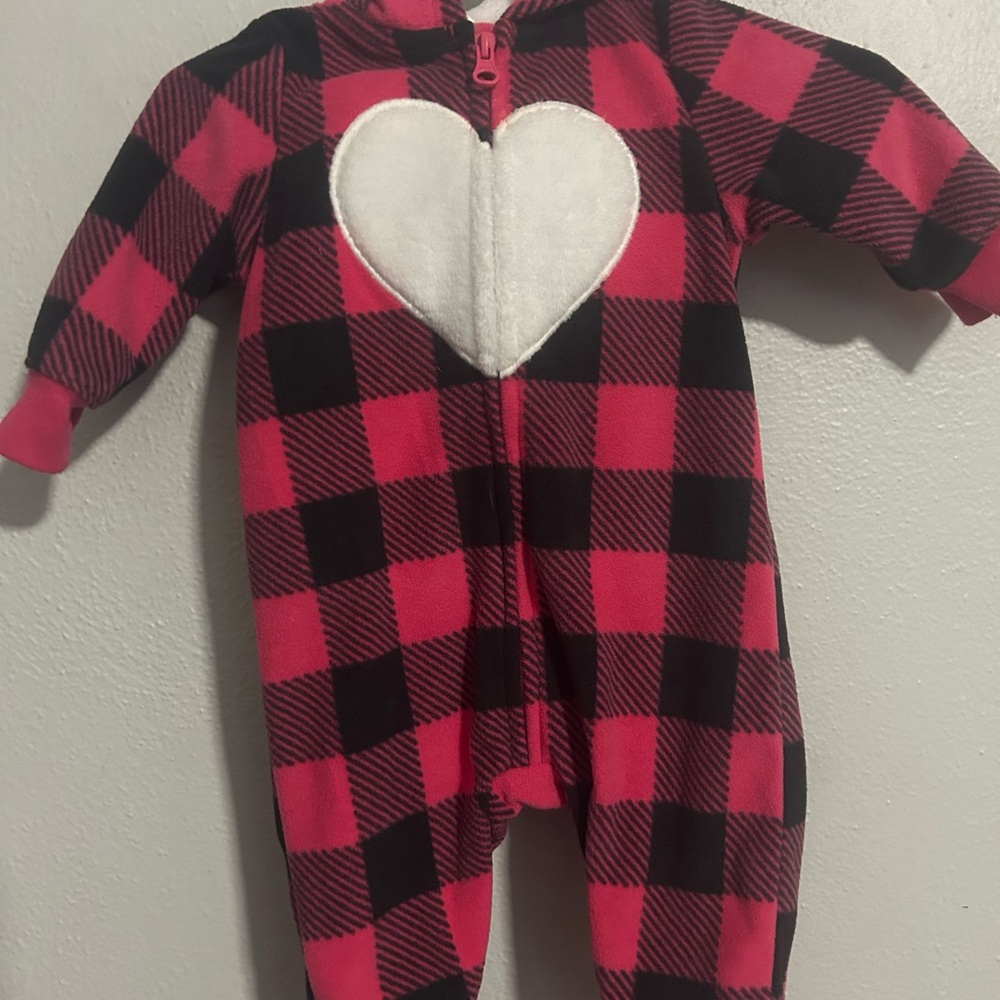 Carter's Pink and Black Plaid Onesie Zip-Up with Bear Ears